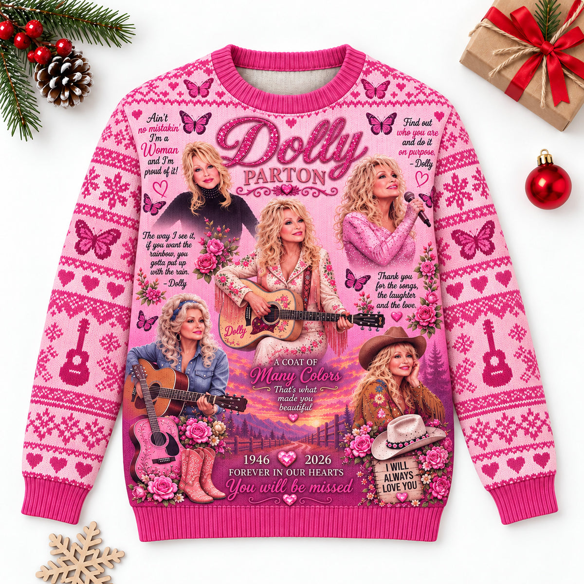 Dolly Parton Memorial Ugly Sweater, In Loving Memory Country Music AOP Christmas Sweater, Dolly Fan Gift 686266 WFD