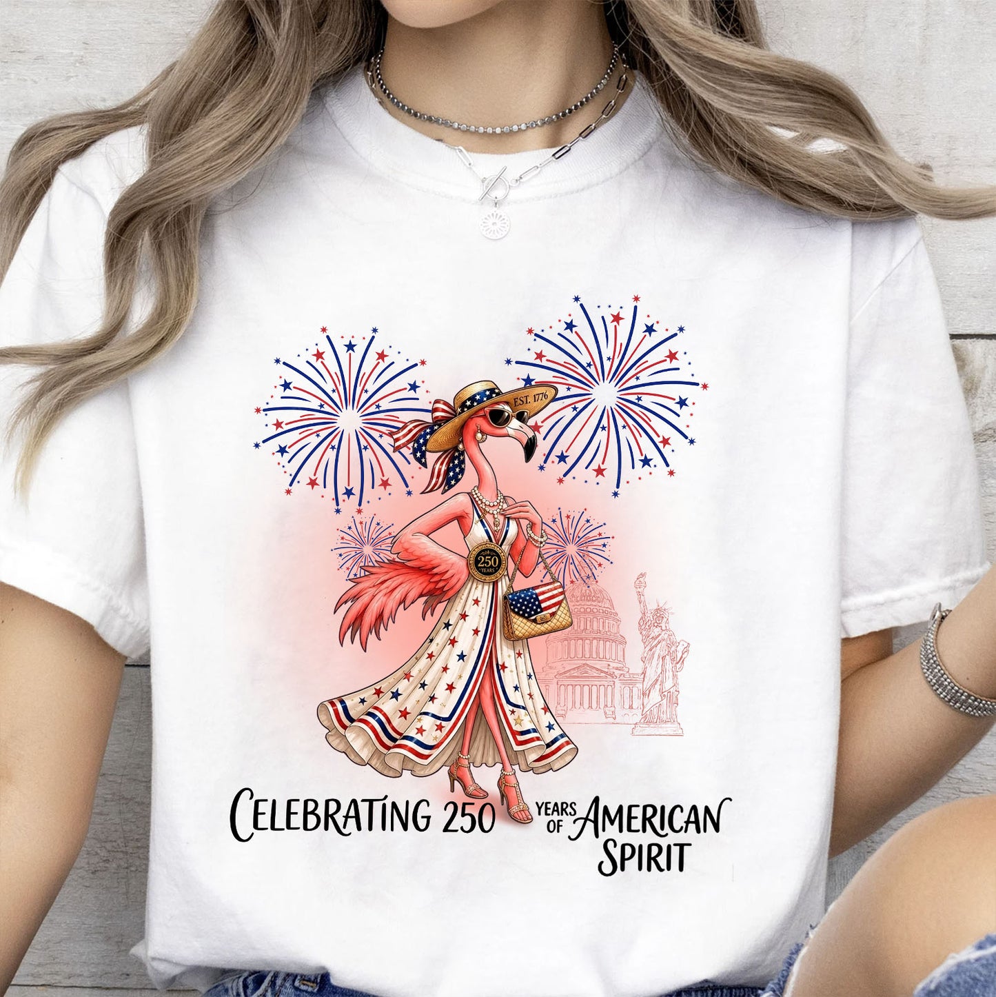 250 Years of American Spirit Flamingo Shirt, Patriotic 4th of July Independence Day Tee, USA Celebration T-Shirt 685212