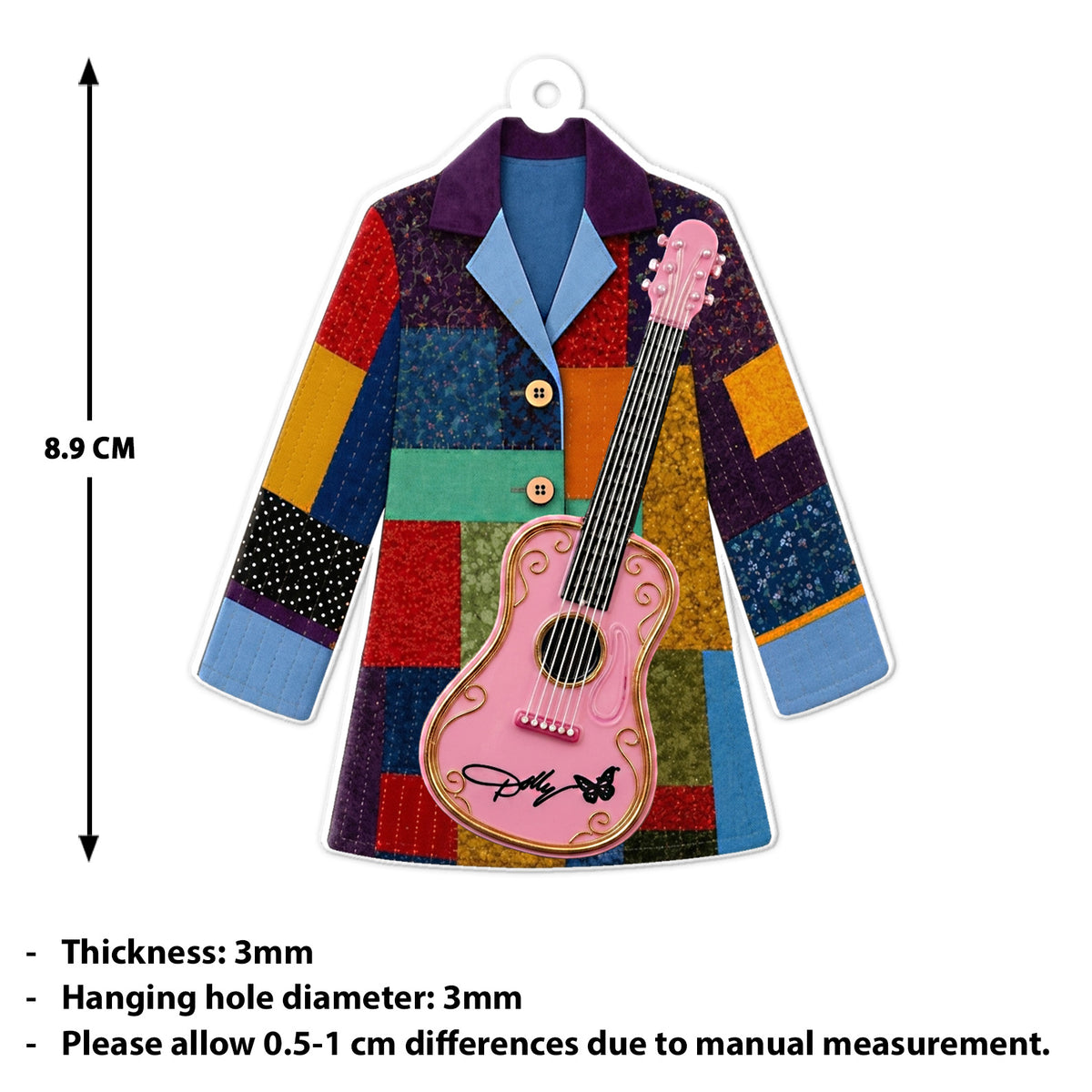 Dolly Parton Coat of Many Colors Acrylic Ornament, Pink Guitar Country Music Christmas Ornament 686130