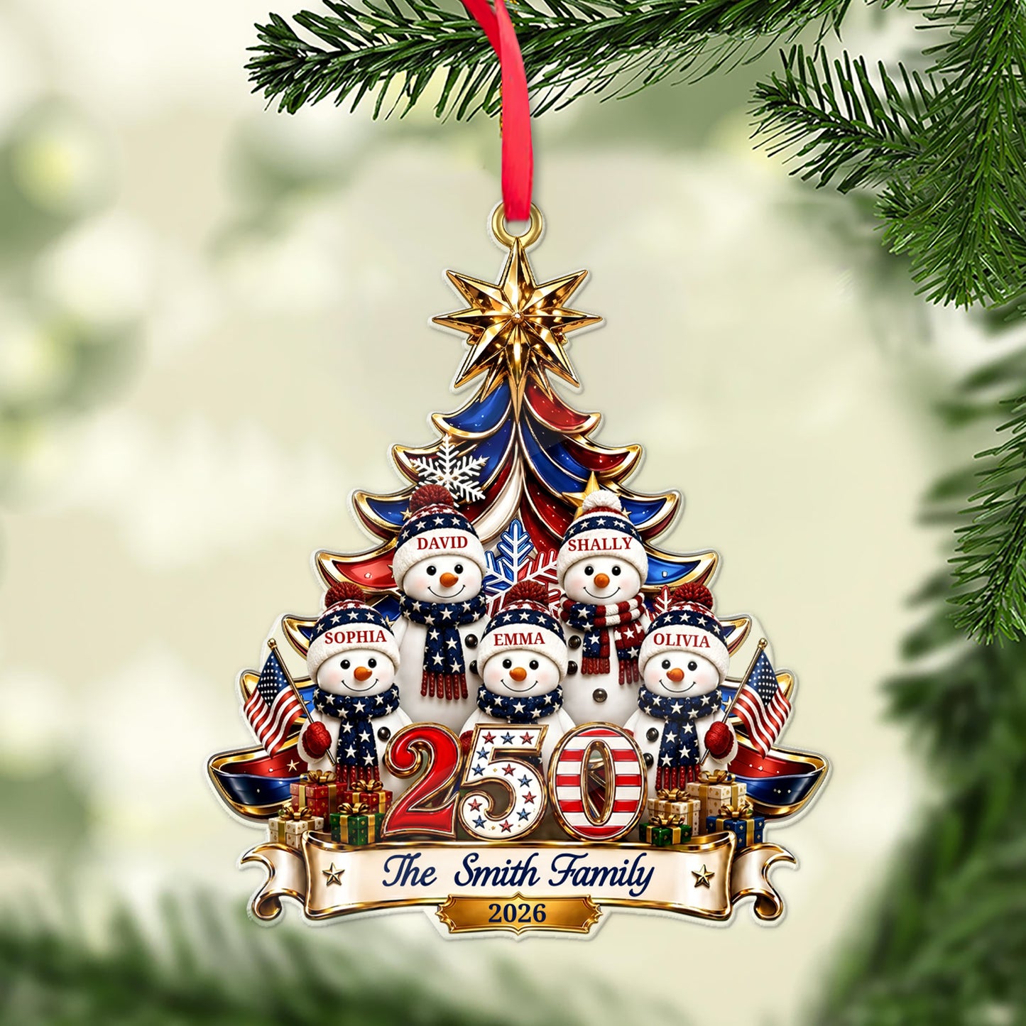 Personalized USA 250th Anniversary Snowman Family Acrylic Ornament, Patriotic Christmas Decor 685856