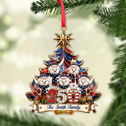 Personalized USA 250th Anniversary Snowman Family Acrylic Ornament, Patriotic Christmas Decor 685856