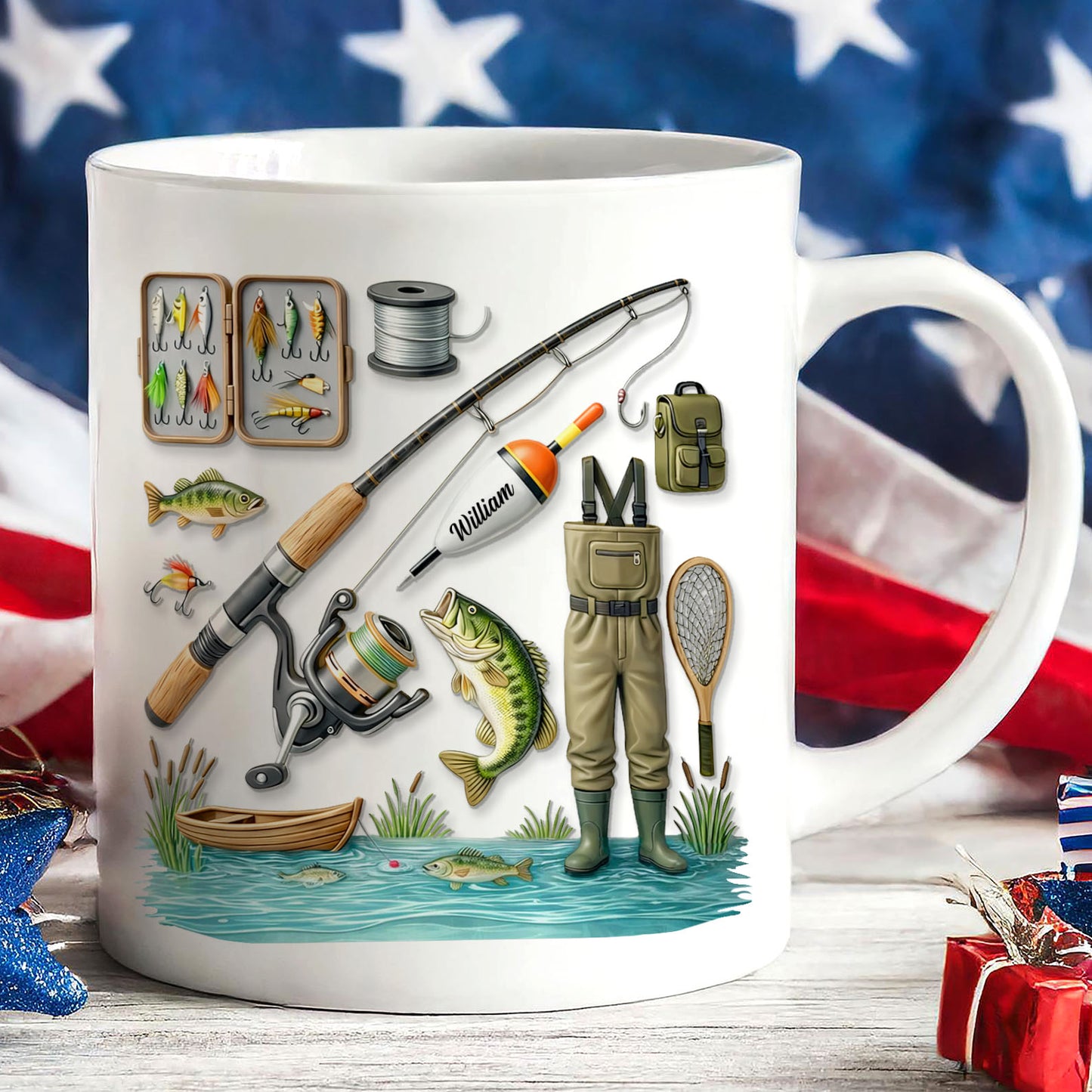Custom Name Fishing Mug | Fishing Lures White Mug Accent Mug | Father’s Day Gift for Dad, Fisherman 684253