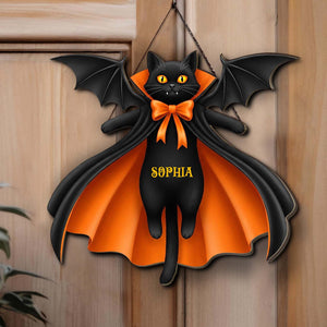 Personalized Halloween Black Cat Vampire Wooden Sign, Custom Name Door Hanger, Gothic Halloween Decor 685855