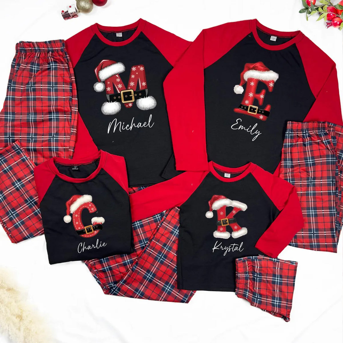 Personalized Santa Initial Family Christmas Pajamas, Buffalo Plaid Matching Holiday Pajama Set 686312 WFD