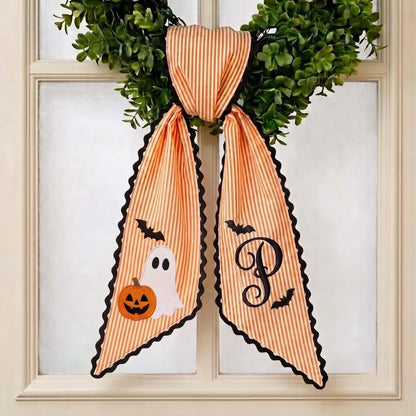 Personalized Halloween Wreath Sash, Embroidered Ghost & Monogram Bow, Custom Name Front Door Decor 686172 WFD