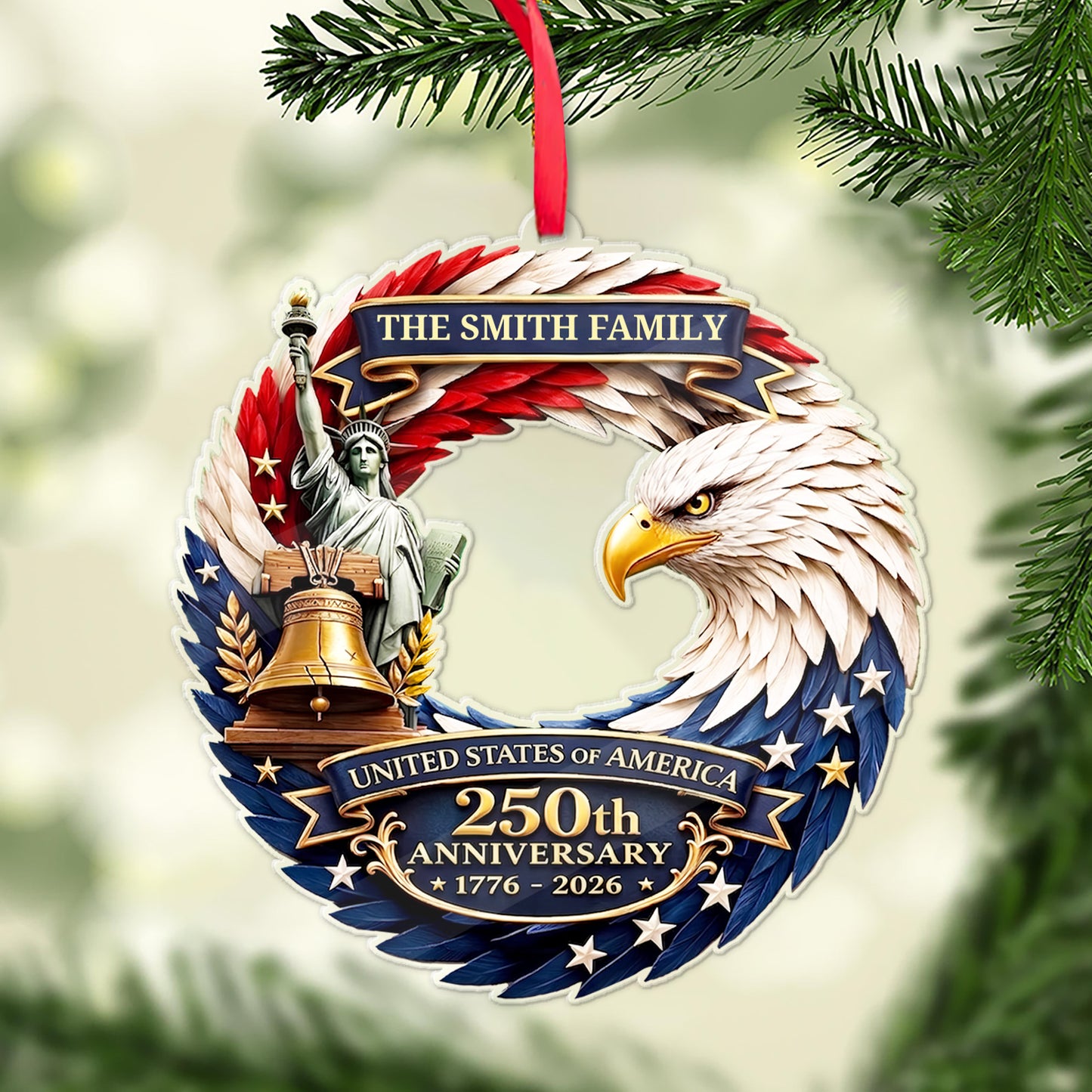 Personalized USA 250th Anniversary Acrylic Ornament, Custom Family Name Patriotic Eagle Ornament 1776-2026 685874