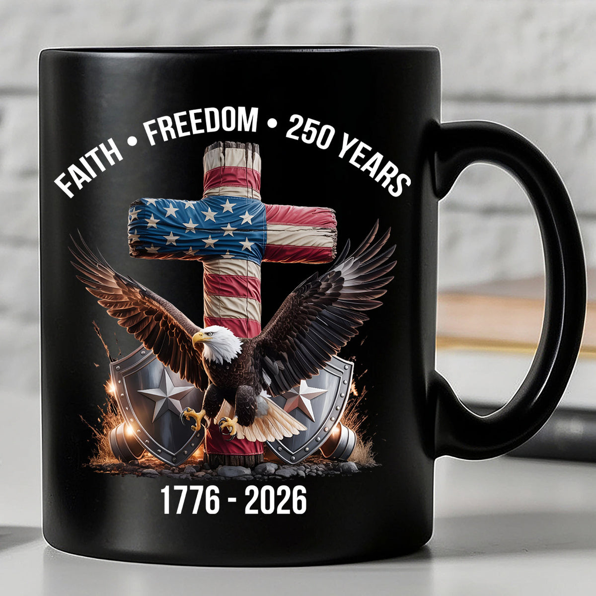 250 Years of Freedom Mug, 1776-2026 Eagle Patriotic Coffee Mug, Patriotic Christian Eagle Cross Black Mug 684061