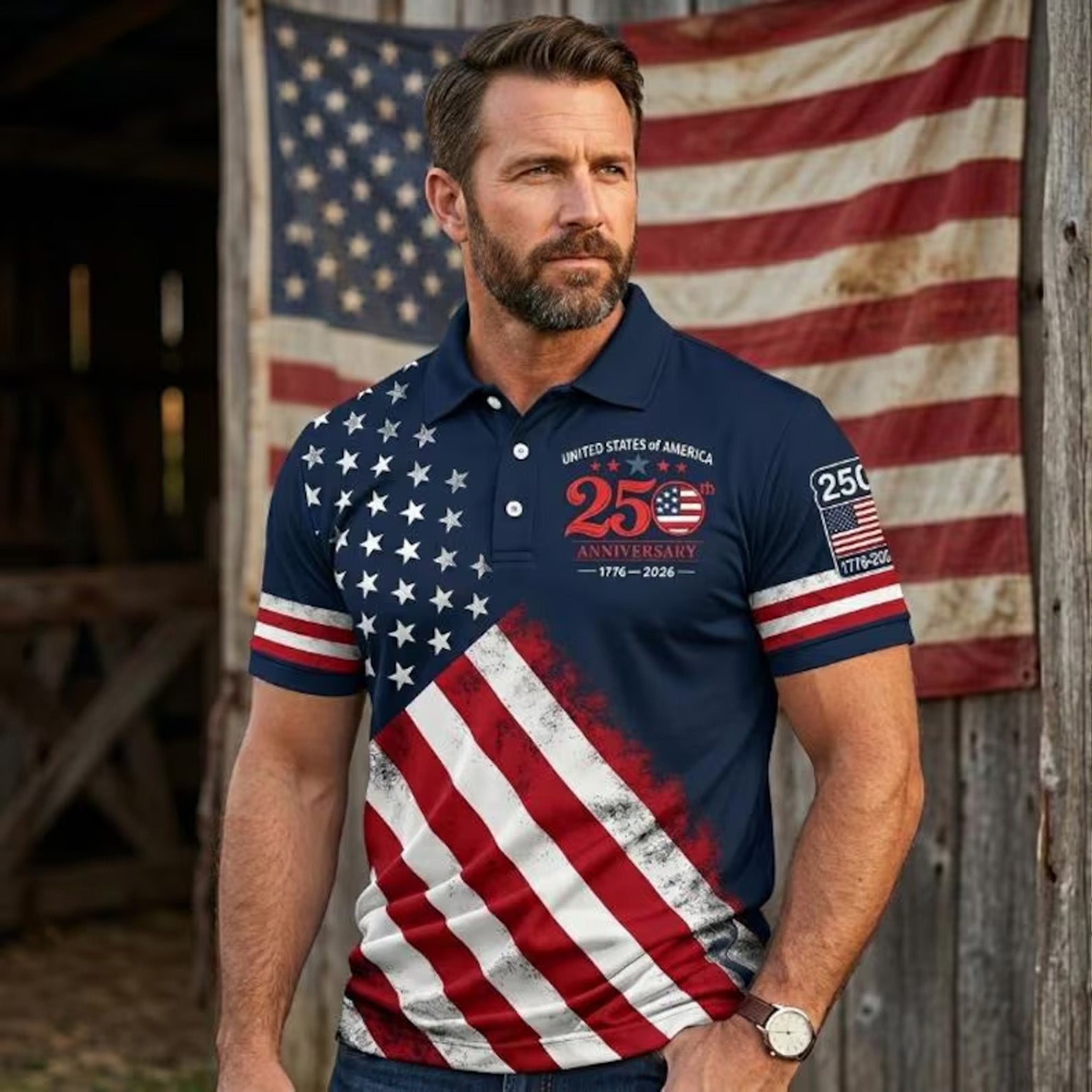 250 Years Patriotic Golf Polo Shirt, USA Flag AOP Polo for Men