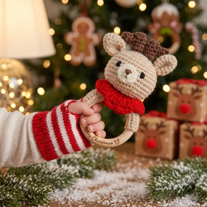 Personalized Christmas Crochet Baby Rattle, Custom Name Wooden Ring Toy, Santa Reindeer Snowman Baby Gift 686572 WFD
