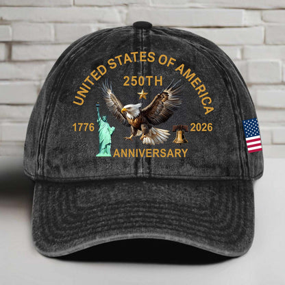 USA 250 Years Anniversary Printed Vintage Washed Denim Baseball Cap | Patriotic US Flag 1776–2026 Hat 684240