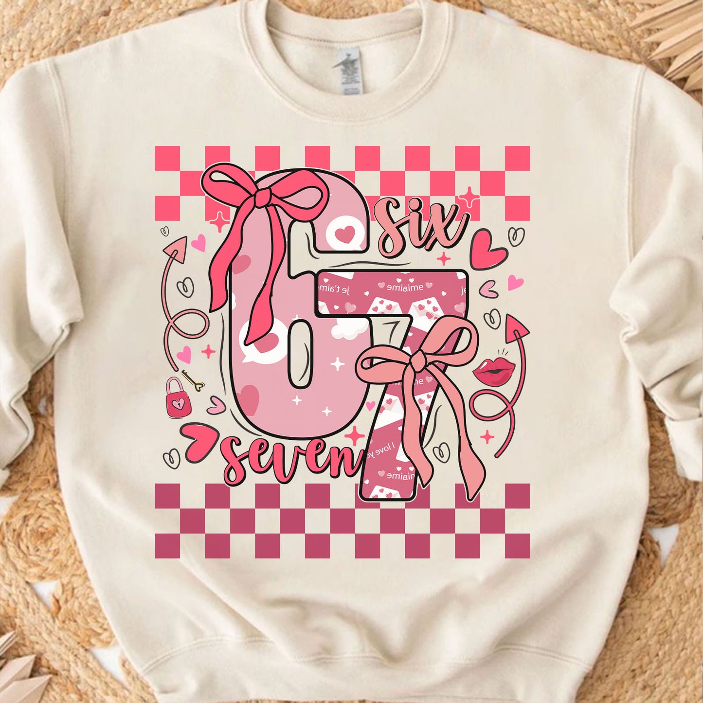 Coquette Valentine 67 Six Seven Sweatshirt, Preppy Heart Bow Valentine Shirt, Cute Pink Red Checkered Hearts Tee 683926
