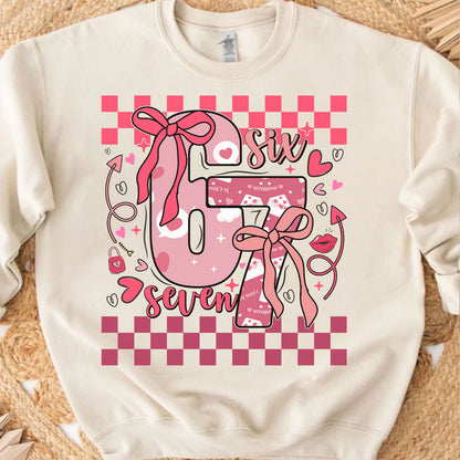 Coquette Valentine 67 Six Seven Sweatshirt, Preppy Heart Bow Valentine Shirt, Cute Pink Red Checkered Hearts Tee 683926