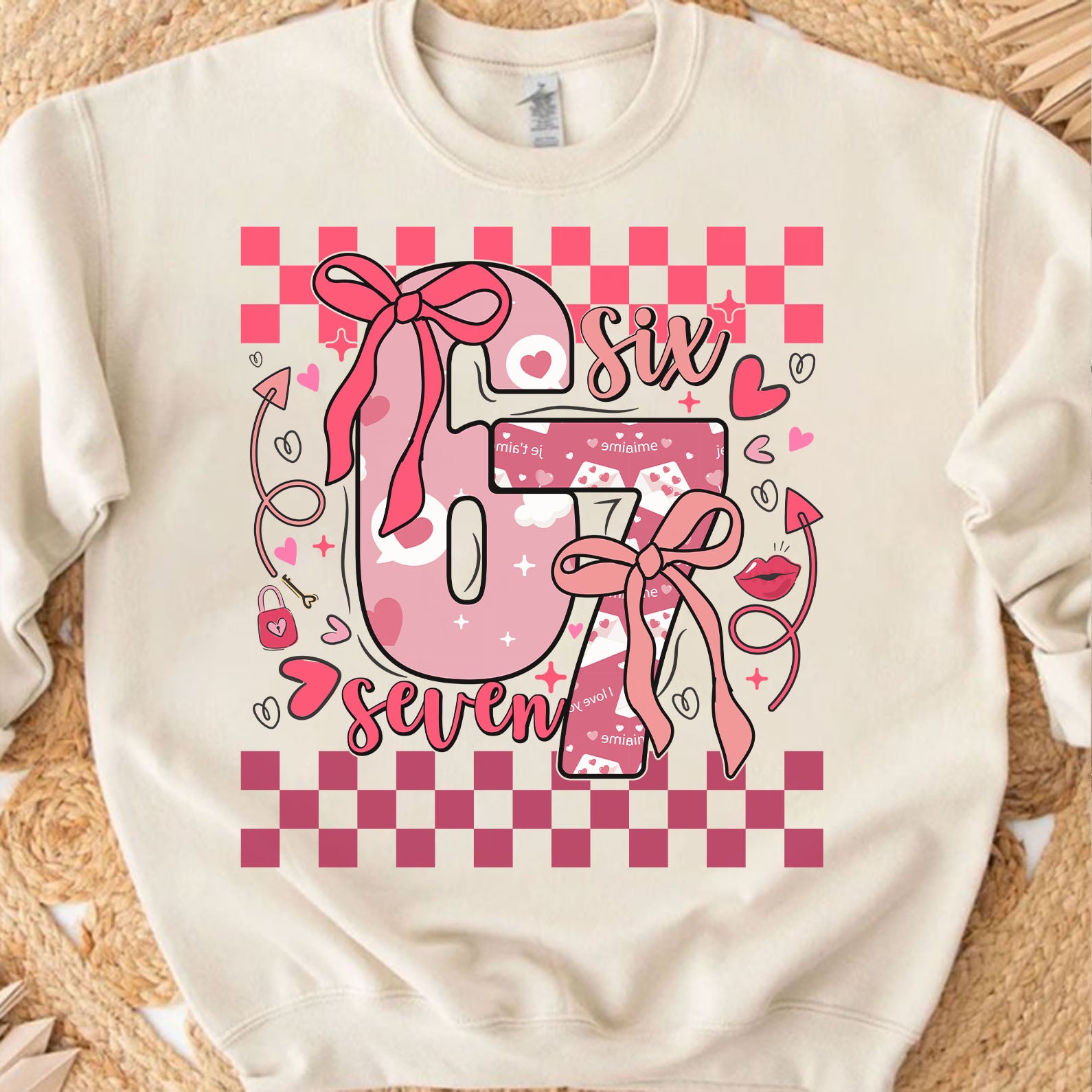Coquette Valentine 67 Six Seven Sweatshirt, Preppy Heart Bow Valentine Shirt, Cute Pink Red Checkered Hearts Tee 683926