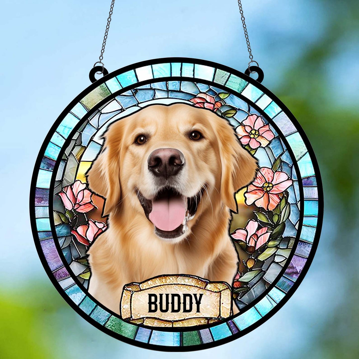 Personalized Dog Portrait Stained Glass Suncatcher, Custom Pet Memorial Suncatcher, Gift for Dog Lovers 685466