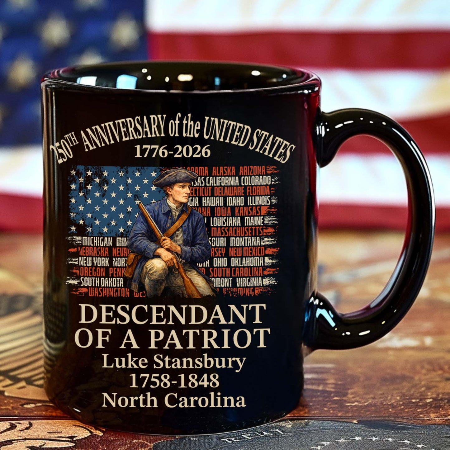 Custom Name Descendant of a Patriot Black Mug | Personalized 250 Years USA 1776–2026 Coffee Mug 684433