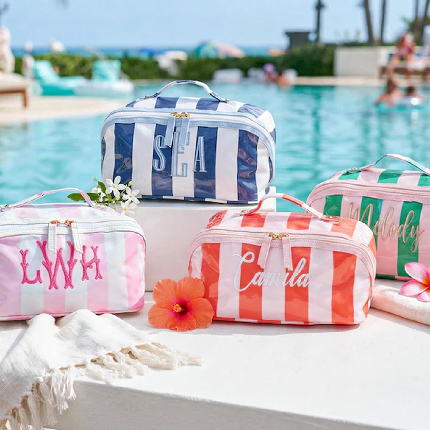 Personalized Embroidered Makeup Bag, Custom Waterproof Cosmetic Pouch, Striped Monogram Toiletry Bag Gift 684929