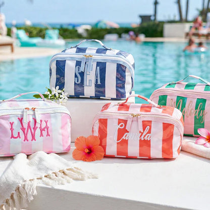 Personalized Embroidered Makeup Bag, Custom Waterproof Cosmetic Pouch, Striped Monogram Toiletry Bag Gift 684929