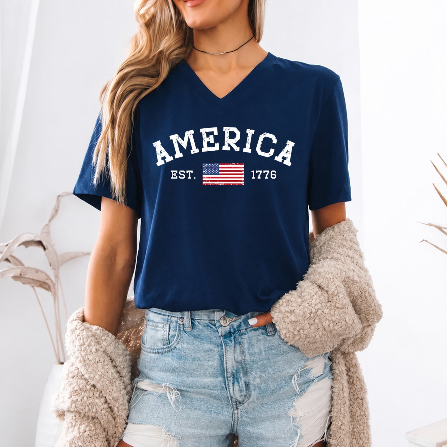 250 Years America V-Neck Shirt, America Est 1776 Patriotic Tee, Minimal USA Flag 4th of July Shirt 685296