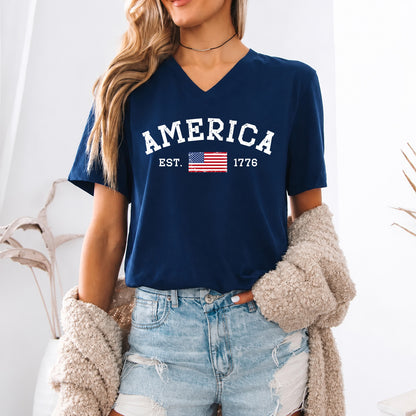 250 Years America V-Neck Shirt, America Est 1776 Patriotic Tee, Minimal USA Flag 4th of July Shirt 685296