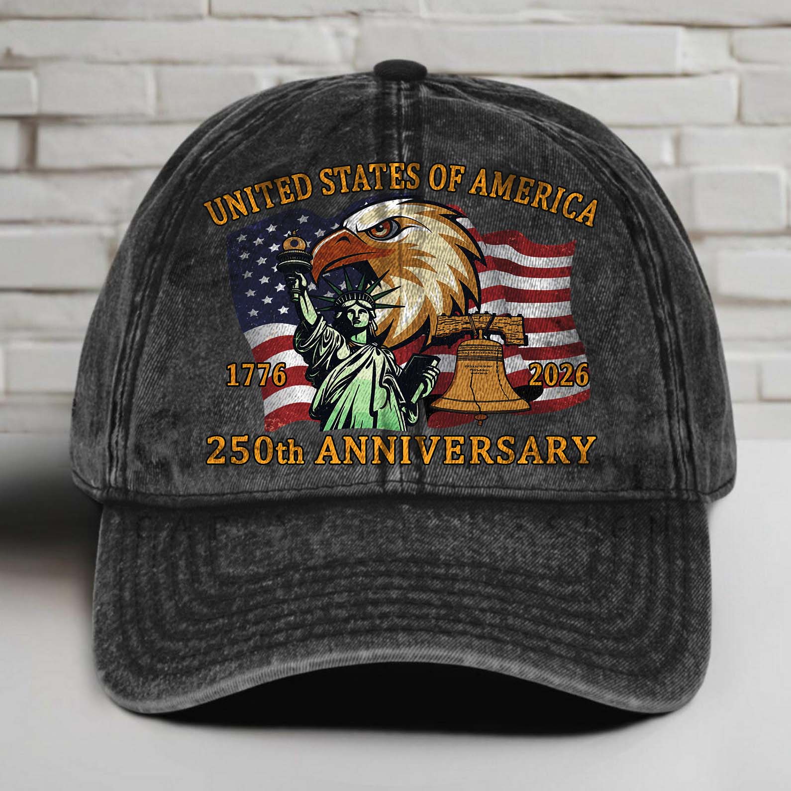 America 250 Years 1776–2026 Printed Vintage Washed Denim Baseball Cap | Patriotic 4th of July Hat 683639