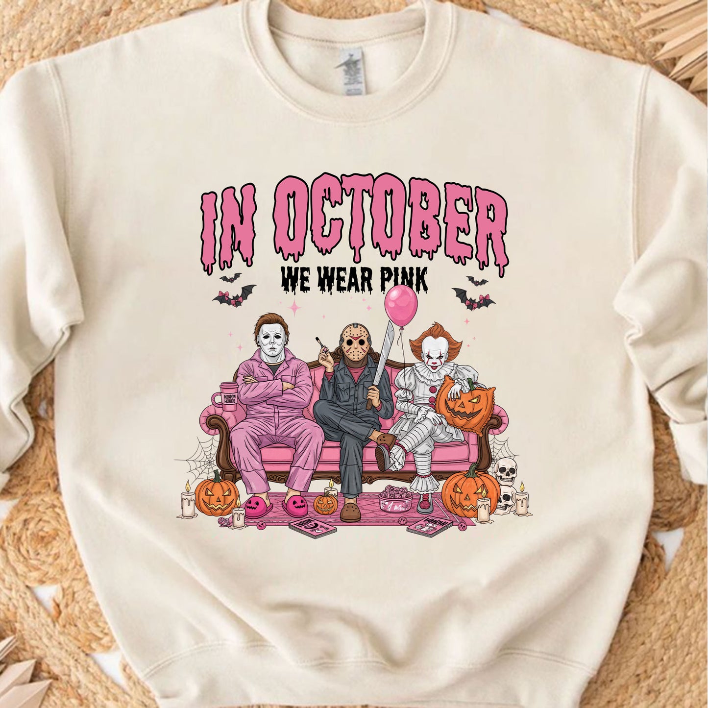 In October We Wear Pink Shirt, Breast Cancer Awareness Tee, Horror Characters Halloween T-Shirt 683310