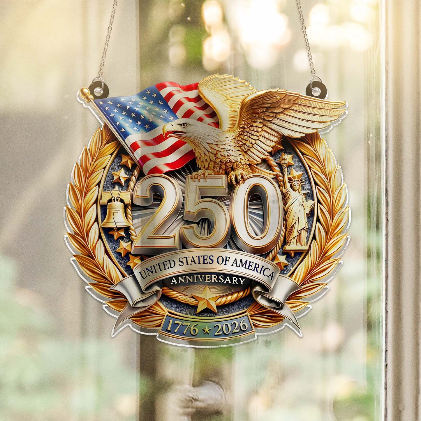 250 Years USA Anniversary Suncatcher Ornament | Patriotic Eagle US Flag 1776–2026 Suncatcher 684246