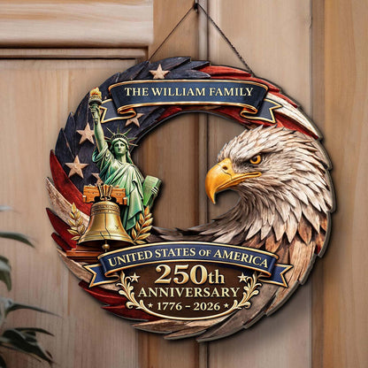 Custom Family Name USA 250 Years Anniversary Wooden Sign | Patriotic Eagle Liberty 1776–2026 Wall Decor 684546