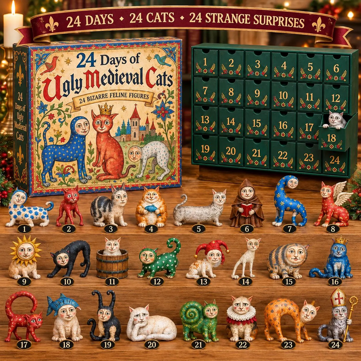 24 Days of Ugly Medieval Cats Advent Calendar, 24 Funny Cat Figurines, Gothic Christmas Countdown Gift 686982 WFD