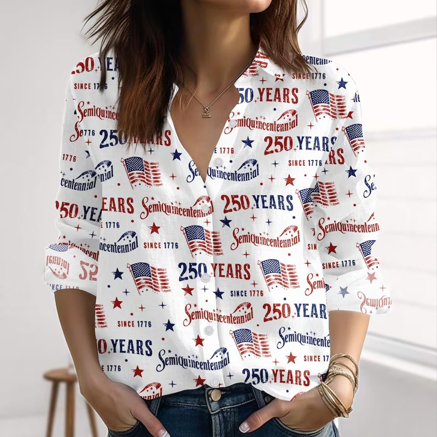 250 Years America Anniversary Blouse Shirt, Patriotic American Flag Women Top, 1776-2026 4th of July Shirt 685254 WFD