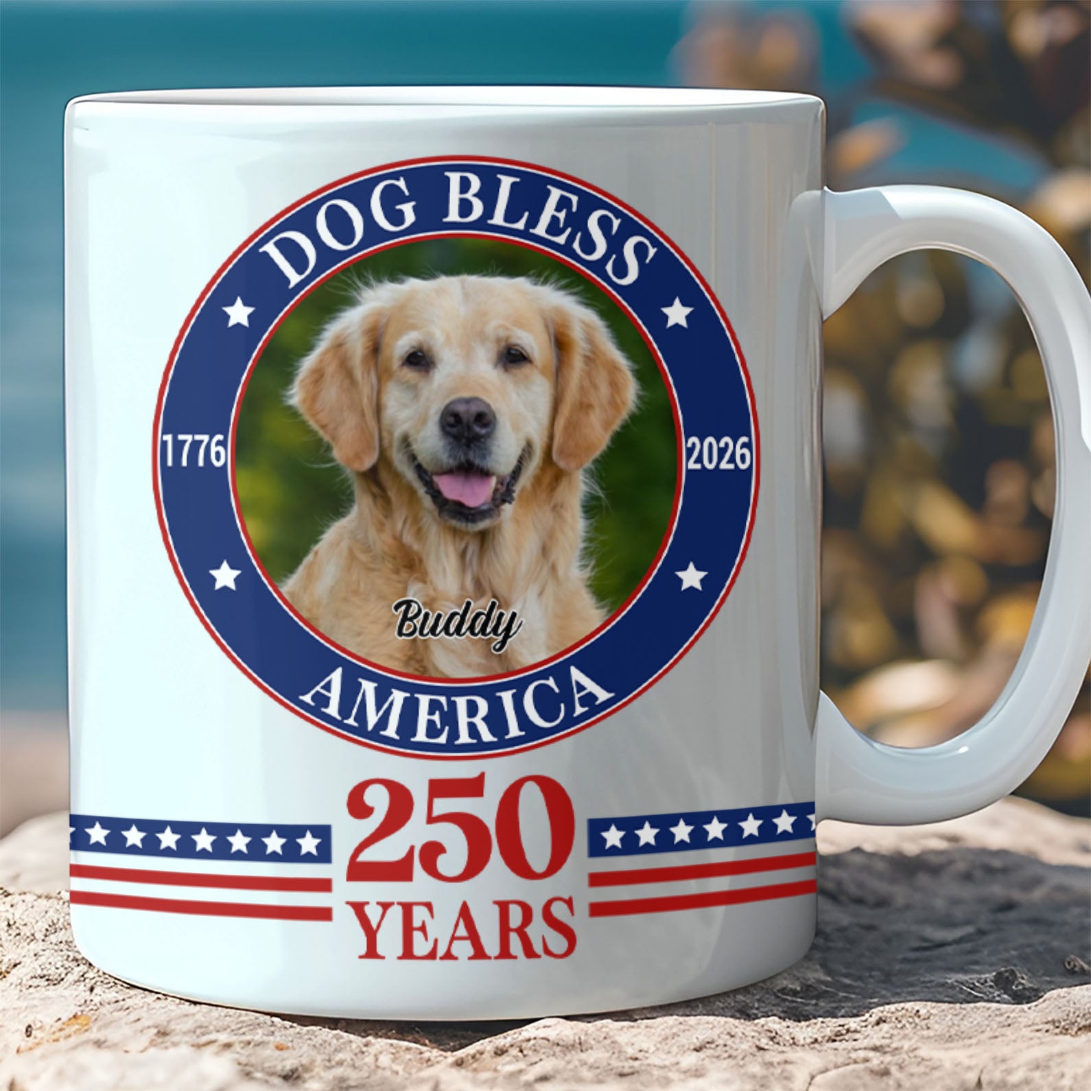 Personalized Dog Photo Bless America Mug | 250 Years 1776–2026 Coffee Mug | Patriotic White Mug Accent Mug 683624