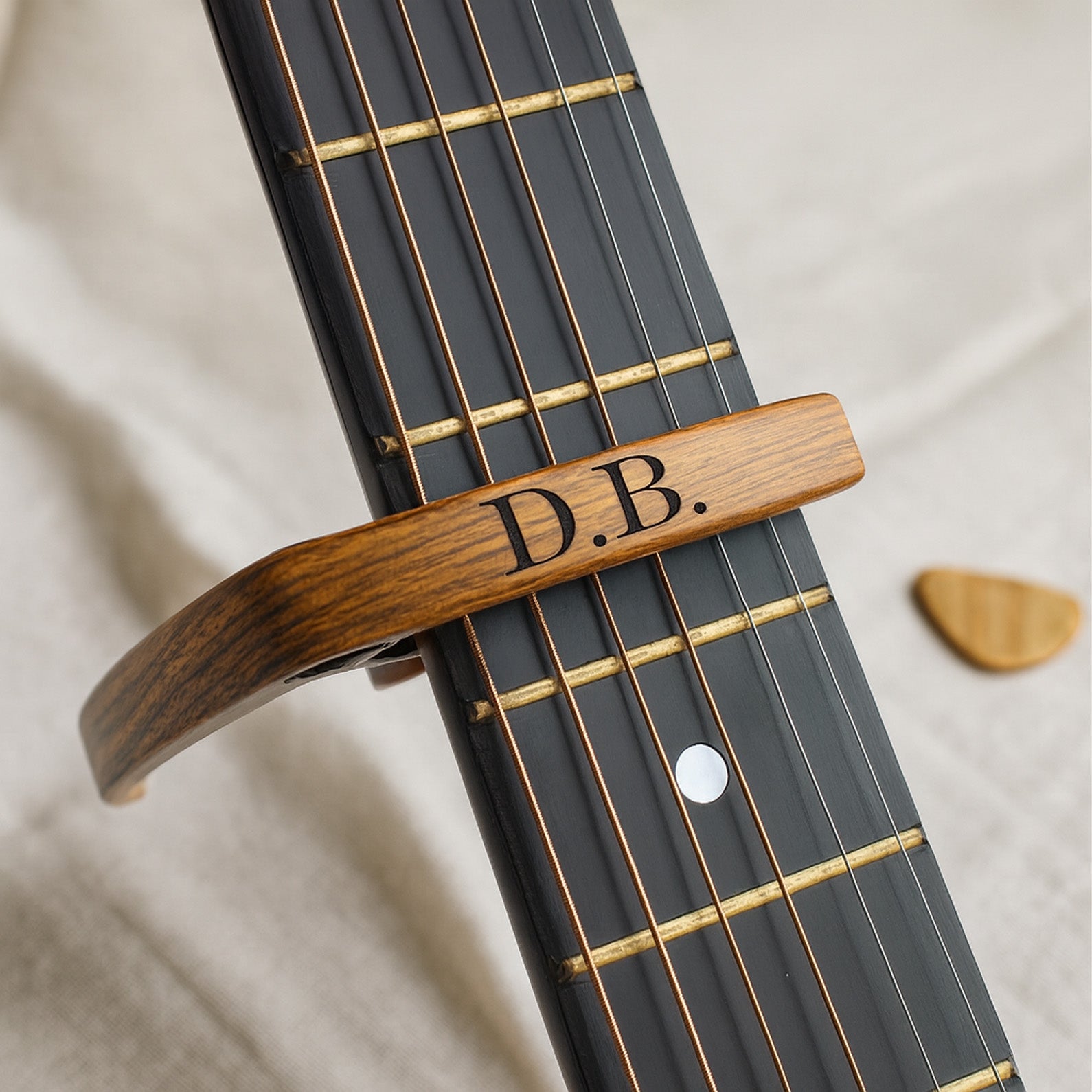 Personalized Metal Guitar Capo with Wood Grain, Engraved Guitar Pick, Fathers days Gift for Guitarists 683897