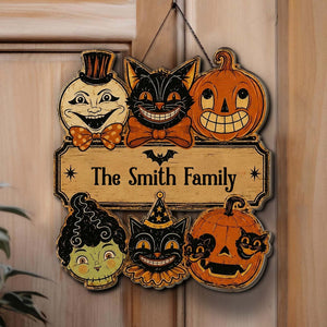 Personalized Halloween Wooden Sign, Custom Family Name Door Hanger, Vintage Black Cat Pumpkin Door Decor 685853