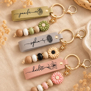 Personalized Birth Month Flower Leather Beaded Keychain, Custom Name Floral Keychain Gift 685767 WFD