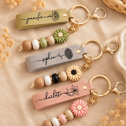 Personalized Birth Month Flower Leather Beaded Keychain, Custom Name Floral Keychain Gift 685767 WFD