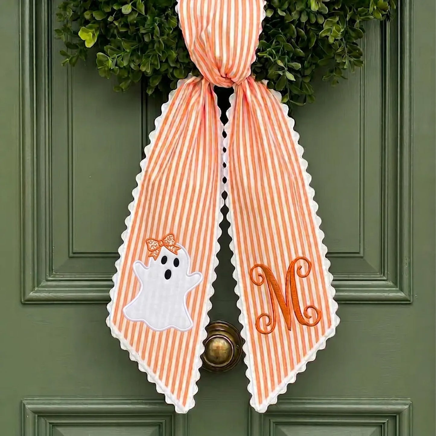 Personalized Halloween Wreath Sash, Embroidered Ghost & Monogram Bow, Striped Front Door Decor 686179 WFD