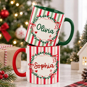 Personalized Christmas Coffee Mug, Custom Name Ceramic Mug, Red & Green Striped Christmas Cup 686808 WFD
