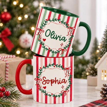 Personalized Christmas Coffee Mug, Custom Name Ceramic Mug, Red & Green Striped Christmas Cup 686808 WFD