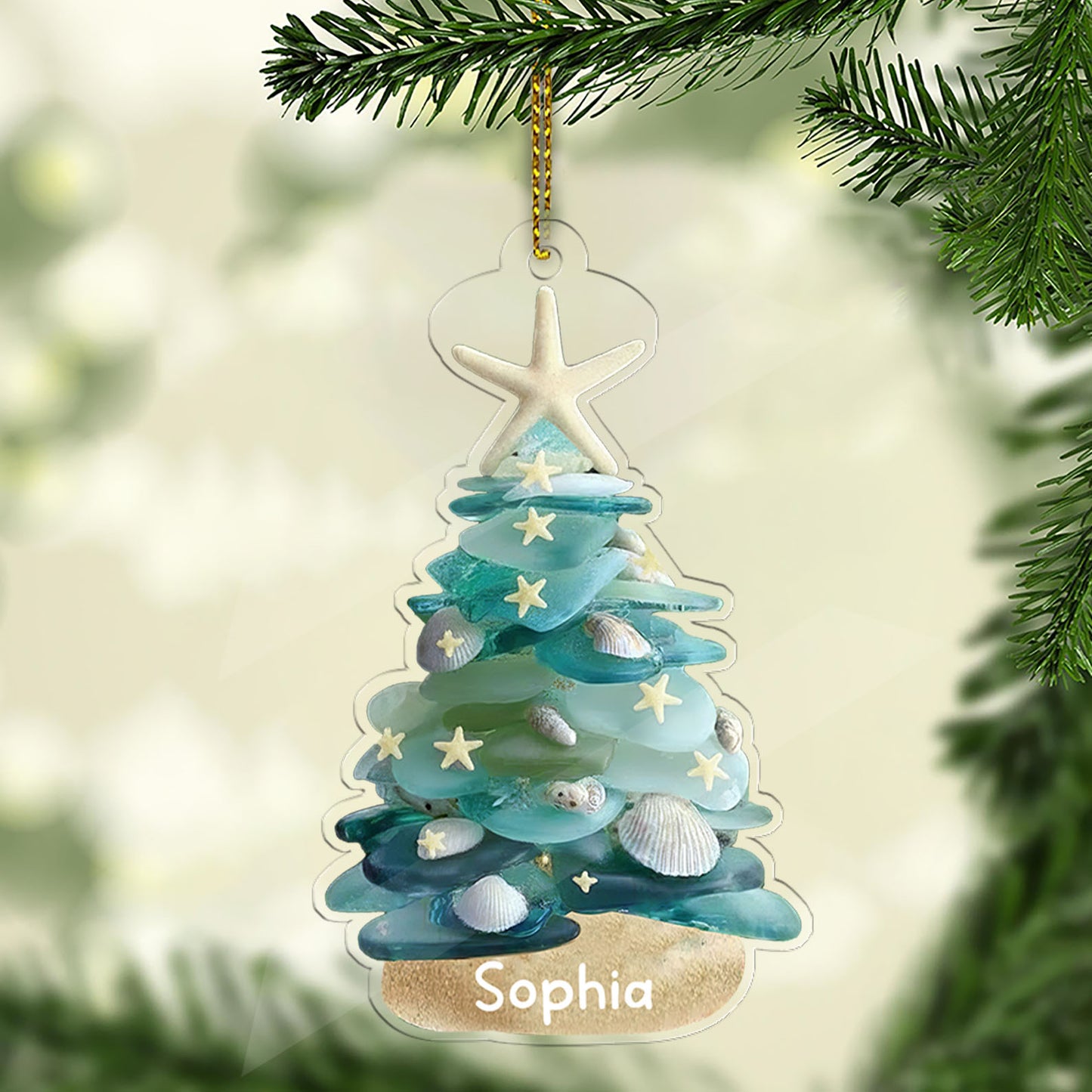 Personalized Sea Glass Christmas Tree 2D Flat Acrylic Ornament | Custom Name Coastal Ornament 683474