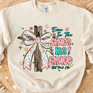 Even In The Chaos His Grace Still Finds Me Easter Bright Shirt | Christian Floral Bow Cross Faith Tee 684463