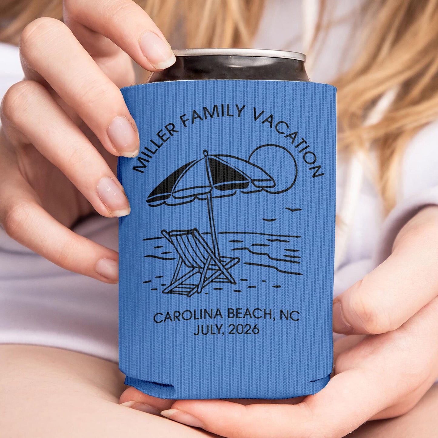 Personalized Beach Vacation Can Cooler, Custom Family Reunion Can Sleeve, Summer Party Favor, Beach Trip Gift 685508