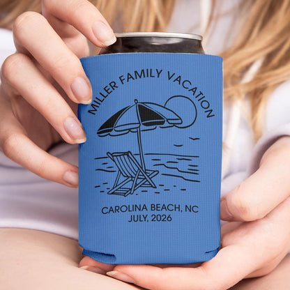 Personalized Beach Vacation Can Cooler, Custom Family Reunion Can Sleeve, Summer Party Favor, Beach Trip Gift 685508