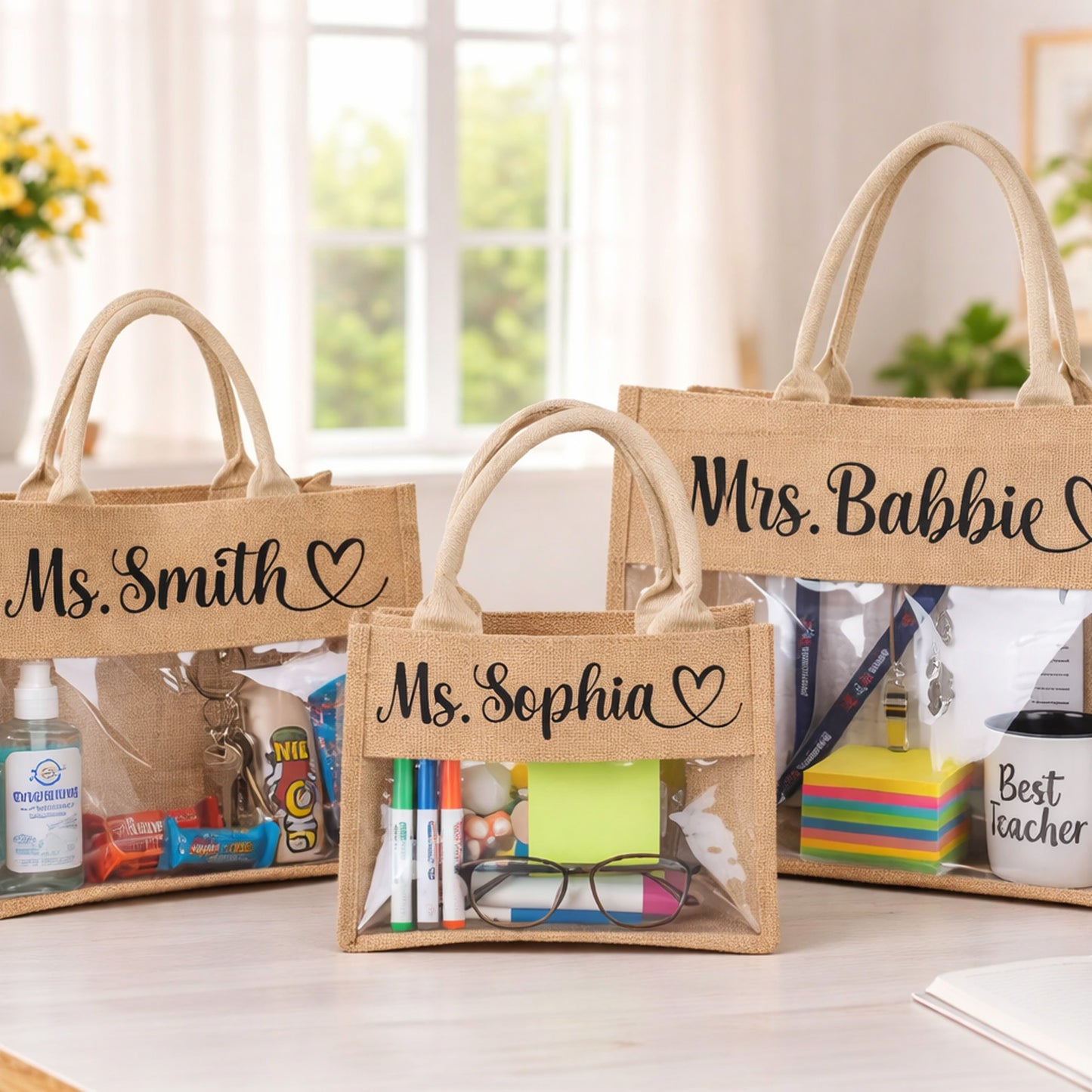 Personalized Teacher Tote Bag with Clear Window, Custom Name Burlap Tote, Teacher Appreciation Gift 684778