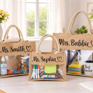 Personalized Teacher Tote Bag with Clear Window, Custom Name Burlap Tote, Teacher Appreciation Gift 684778