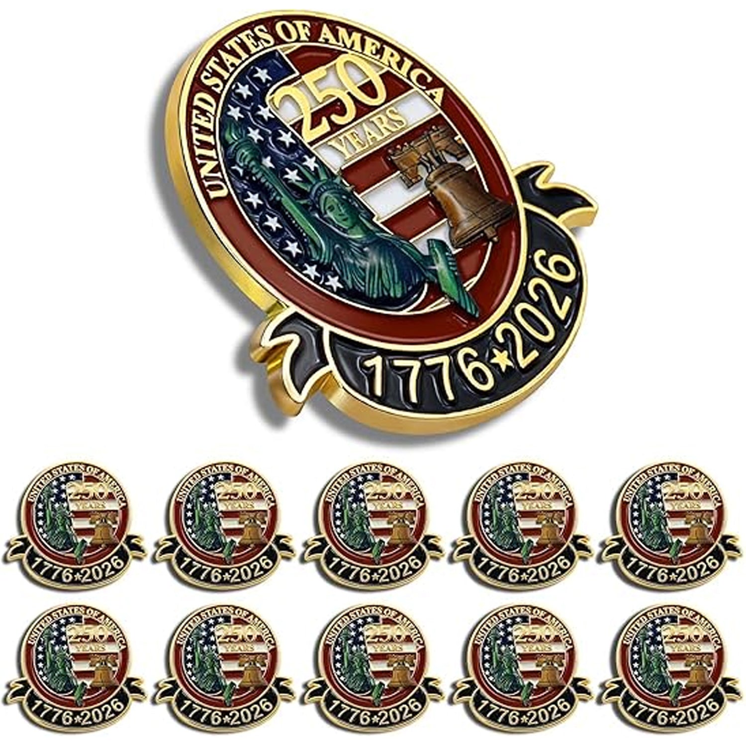 Freedom Pin 250 Years USA Anniversary Lapel Pin, Pack of 10 Enamel Patriotic 1776 ...