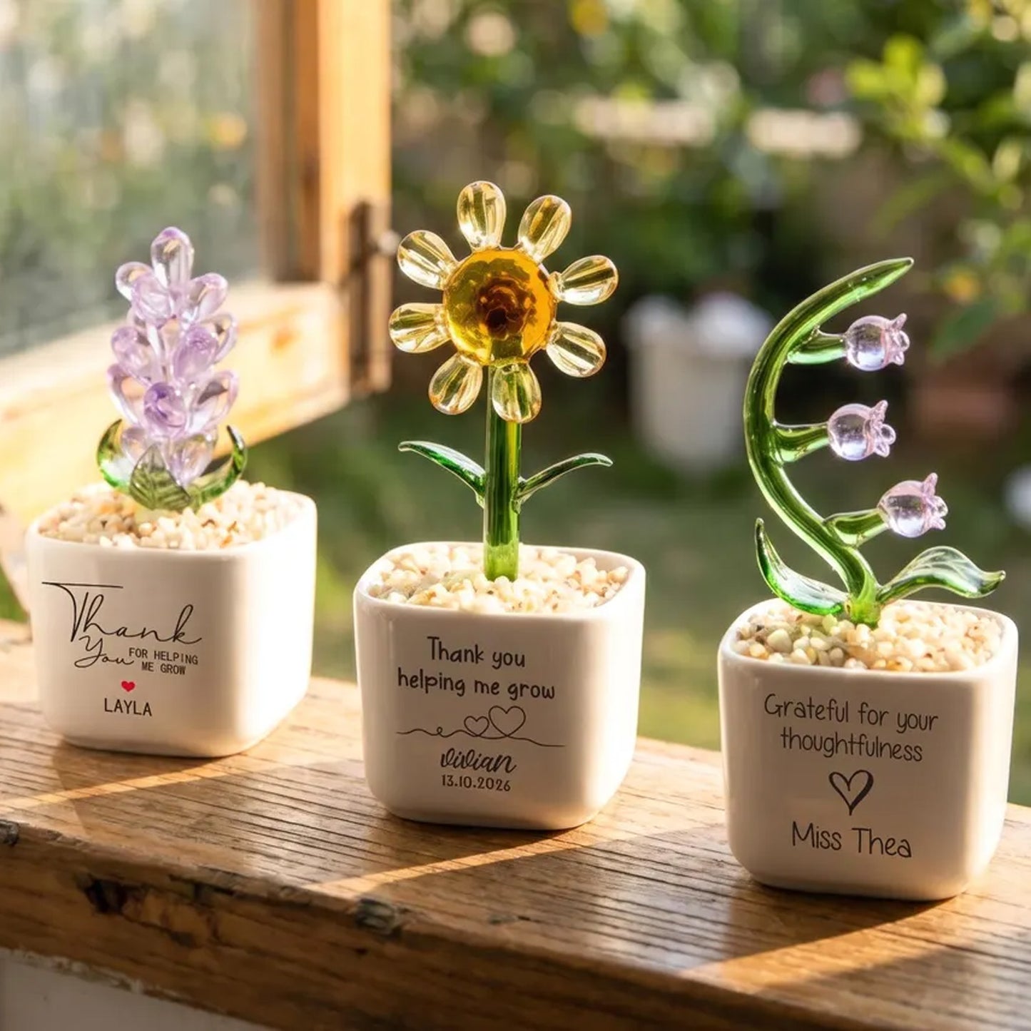 Personalized Glass Flower Pot, Mini Hand Blown Glass Flower Ornament, Teacher Appreciation Gift, Desk Decor 685530 WFD