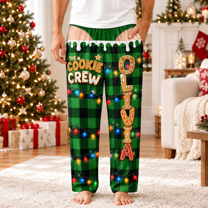 Funny Christmas Pajama Pants for Men, Custom Name Cookie Crew Plaid Fake Underwear Lounge Pants 686636 WFD