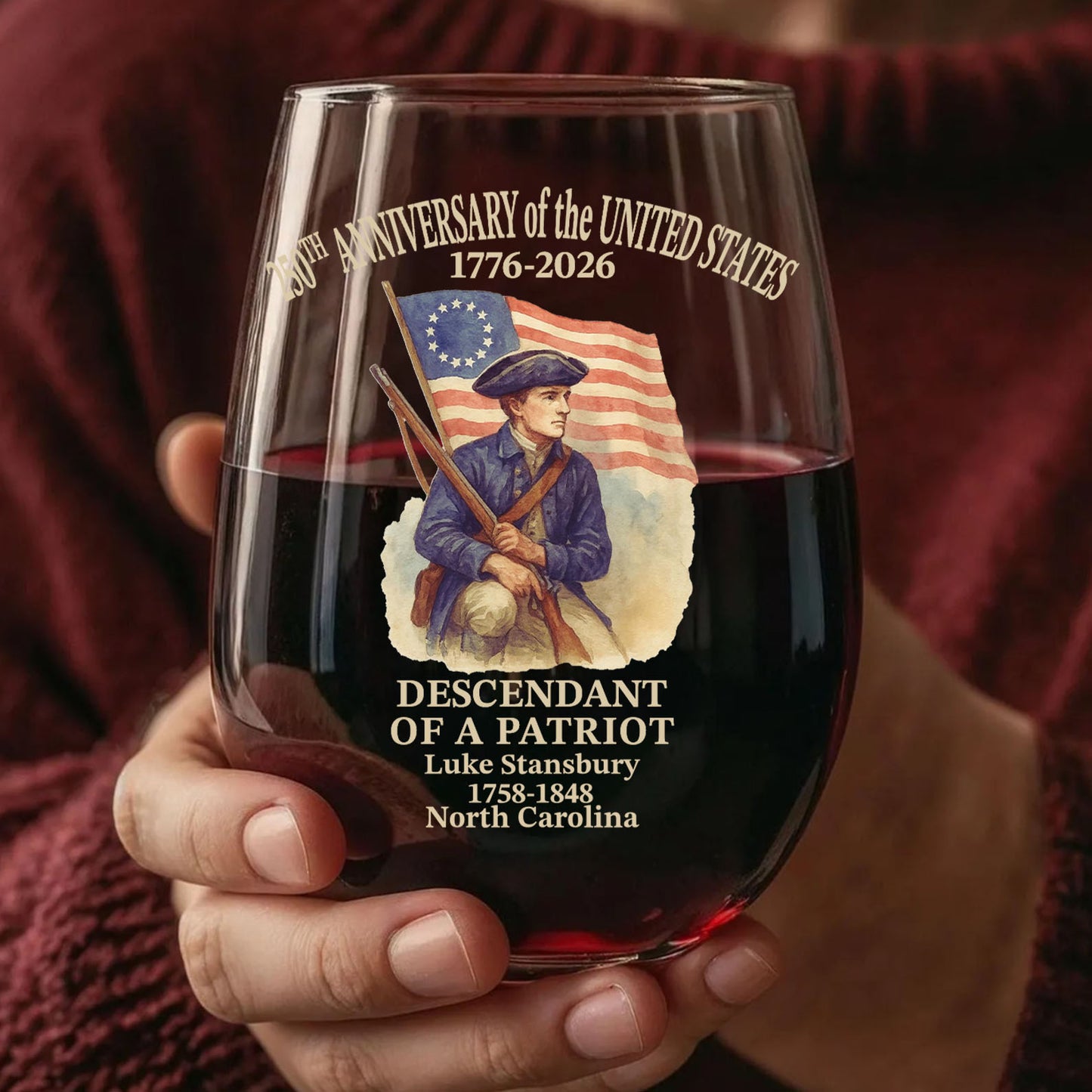 Custom Name 250 Years of America Wine Glass | Personalized Descendant of a Patriot Wine Glass 684228