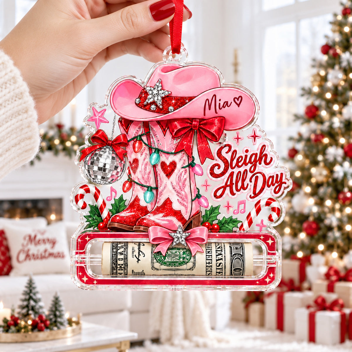 Personalized Dolly Parton Cowgirl Acrylic Money Holder Ornament, Custom Pink Western Christmas Ornament 686306 WFD