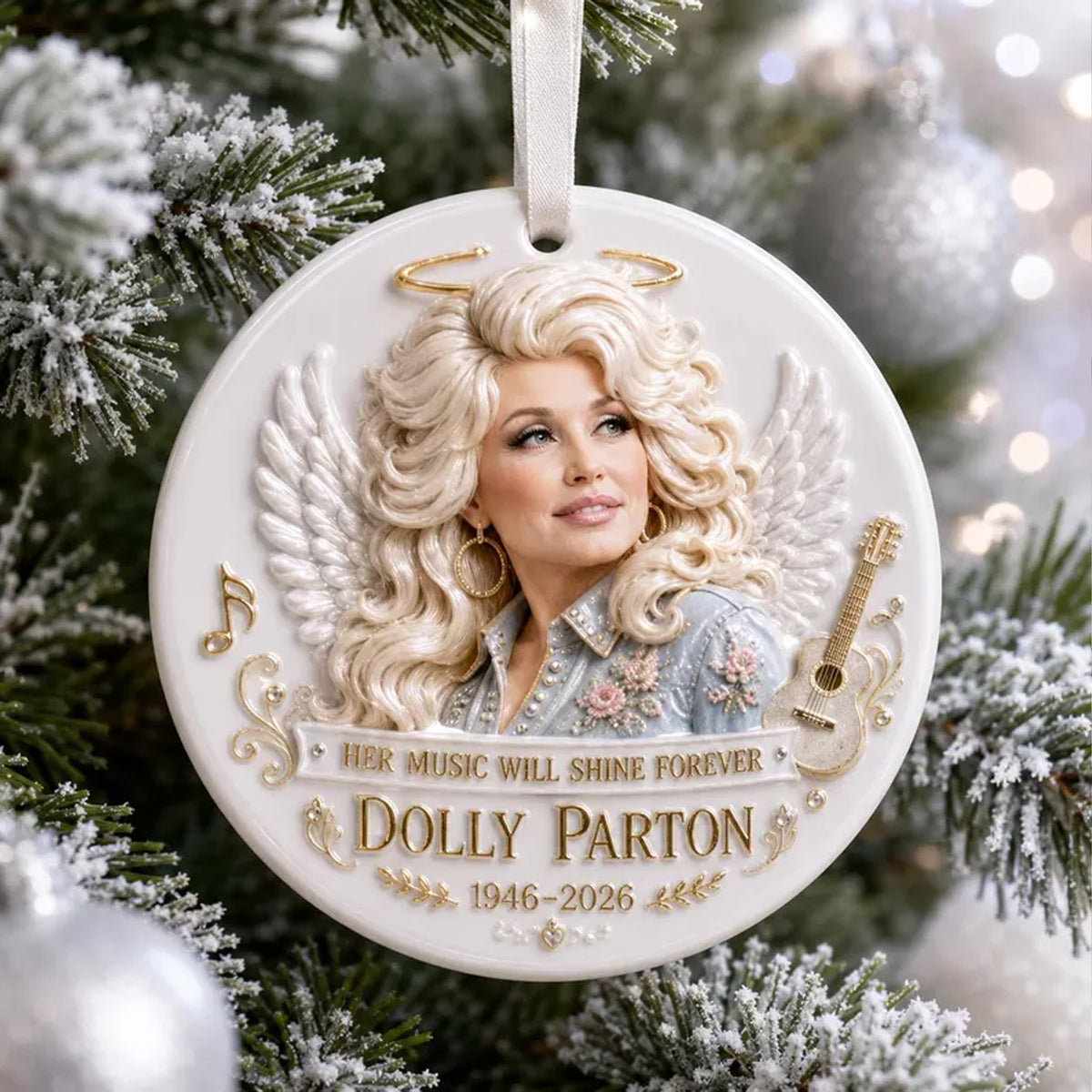 Dolly Parton Angel 3D Relief White Acrylic Ornament, Country Music Legend Memorial Christmas Ornament 686143 WFD