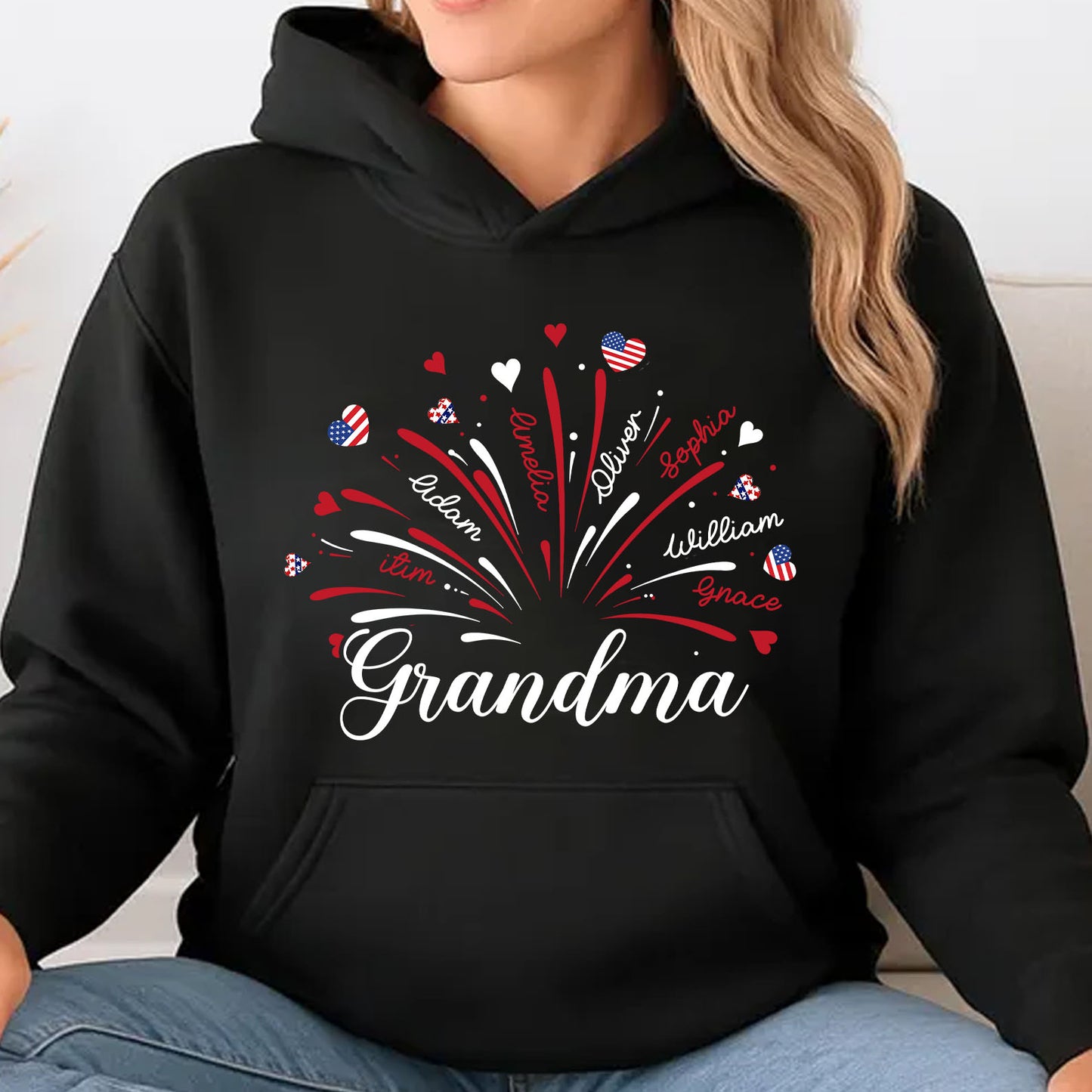 Personalized Grandma Kids Names Firework Shirt, Patriotic 250 Years Nana Mimi Gigi 4th of July Tee 685206